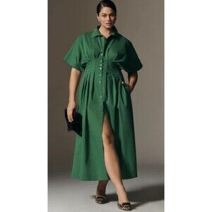 Exquise Anthropologie Midi Shirt Dress Tobie Green Pleated Preppy Boho XXS NWT